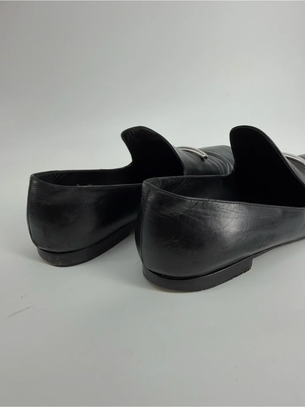 Via Spiga Black Leather Loafers Silver Hardware Slip On Flats Made in Italy 10